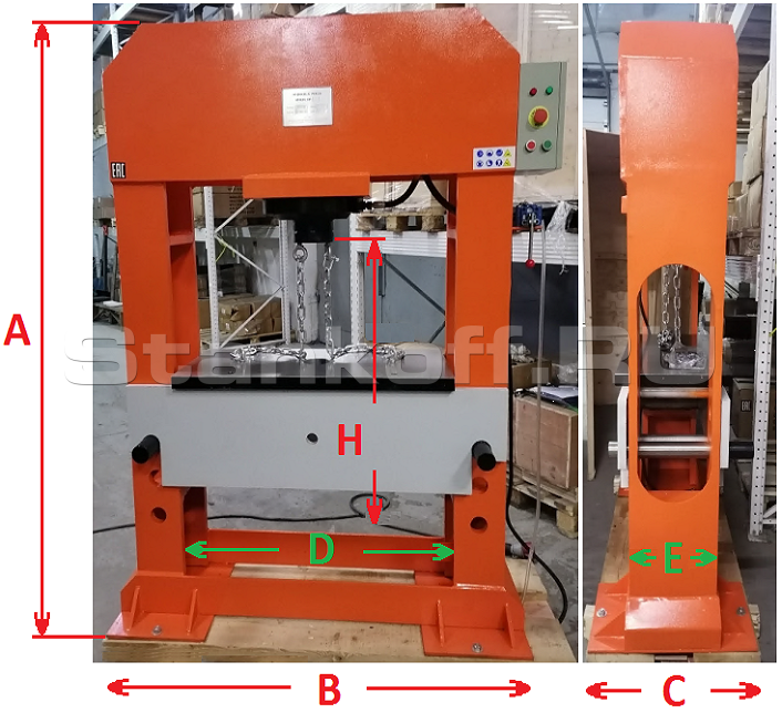 А – общая высота станка - 2000 мм 	 	 	 	
B – общая ширина станка (по ножным опорам) - 1495 мм	 	 	 	 	
С – общая глубина станка - 600 мм 	 	 	 	 	
D – расстояние между опорами - 995 мм 	 	 	 	 	
Е – ширина опор - 320 мм 	 	 	 	 	
H - максимальная высота 