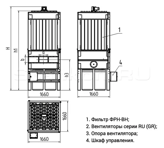 Комплектация 1
D=355 мм
H=4555 мм
l1=2650 мм
l2=460 мм
l3=410 мм
h1=4320 мм
h2=1850 мм