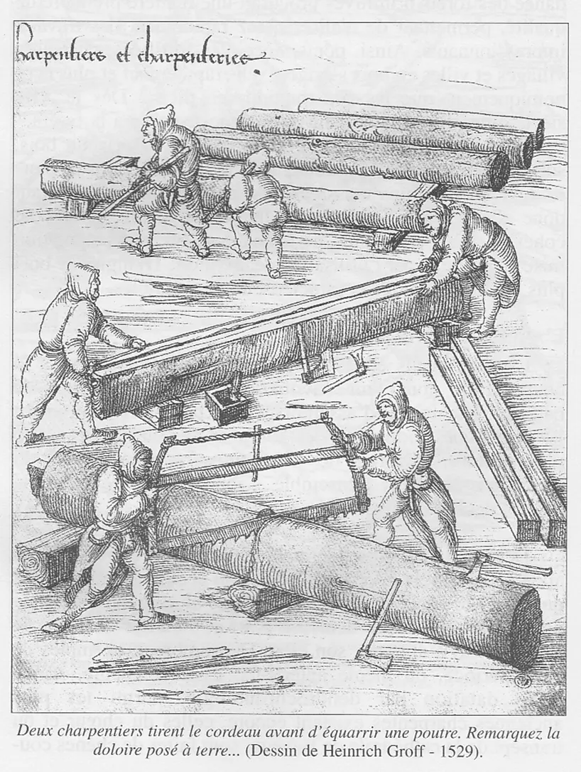 Обработка балок для использования в шахтах, Франция, 1529 г., BnF.