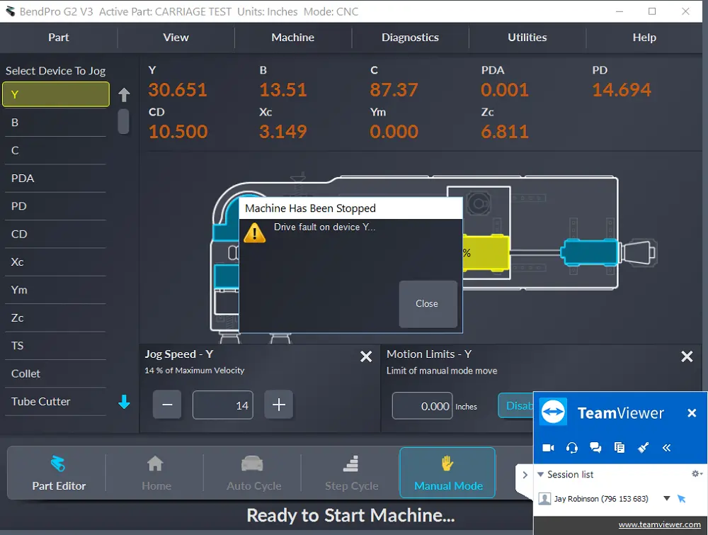 При неисправности привода во время нормальной работы станок останавливается, и появляется сообщение о том, что одна из осей (в данном случае ось Y) неисправна.