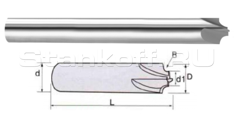 Фреза четырехзаходная K4CRC40.75 для скруглений применяется для снятия радиусных фасок по кромке детали. (Медь, Латунь, Алюминий)