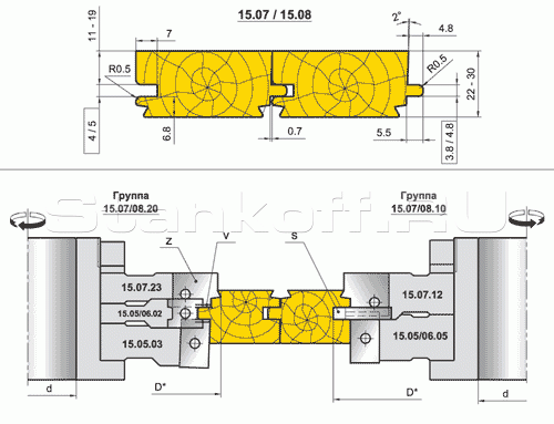 Комплект фрез для профилирования паркета (стандарт DIN280) на 4-х стороннем станке (15.07.00, 15.08.00)