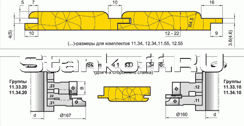 Комплект фрез для профилирования радиусной вагонки (паз S=4-5мм)(11.33.00, 12.33.00, 11.34.00, 12.34.00, 11.54.00, 12.54.00, 11.55.00, 12.55.00)