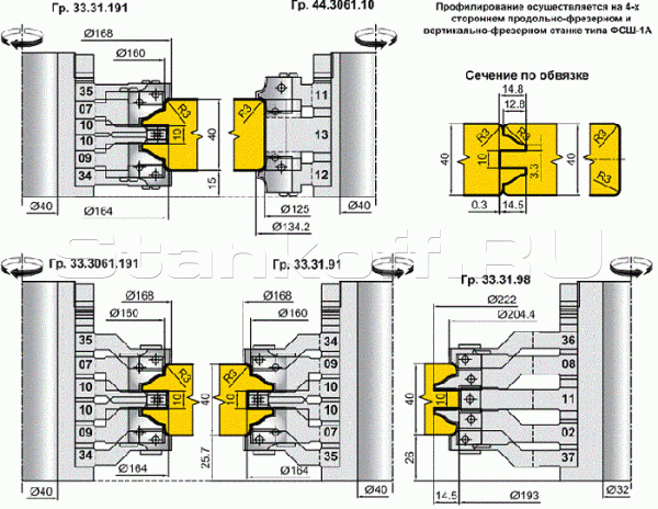 Комплект фрез для профилирования стояков и перемычек дверных полотен с использованием 4-х стороннего продольно-фрезерного станка (33.ХХХХ.ХХ, 44.ХХХХ.ХХ)