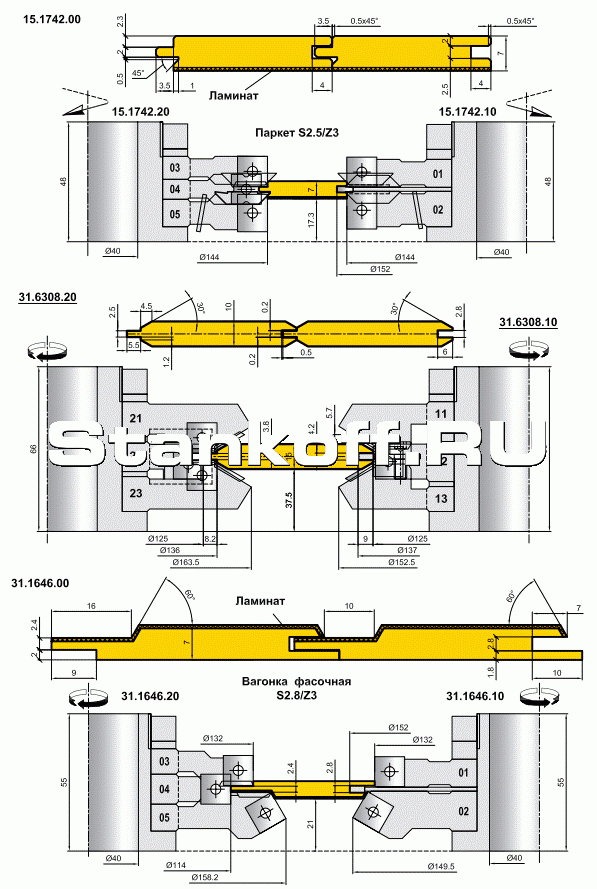Комплекты фрез для профилирования облицовочных материалов из ламинированного МДФ (15.1742.00, 31.6308, 31.1646.00)